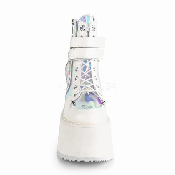DAMNED-115  White Vegan Leather-Clear Hologram PVC