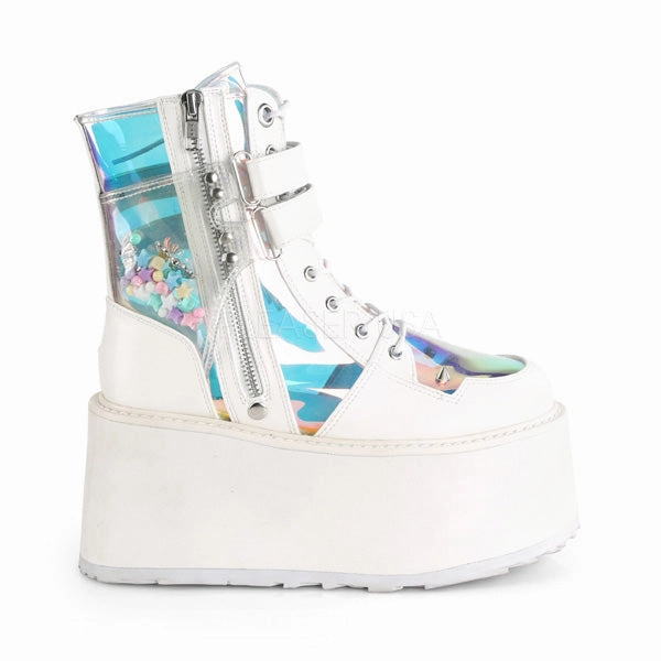 DAMNED-115  White Vegan Leather-Clear Hologram PVC
