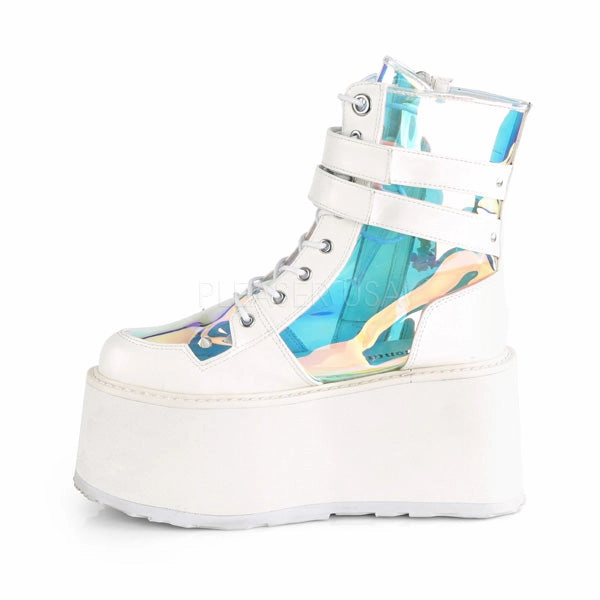 DAMNED-115  White Vegan Leather-Clear Hologram PVC