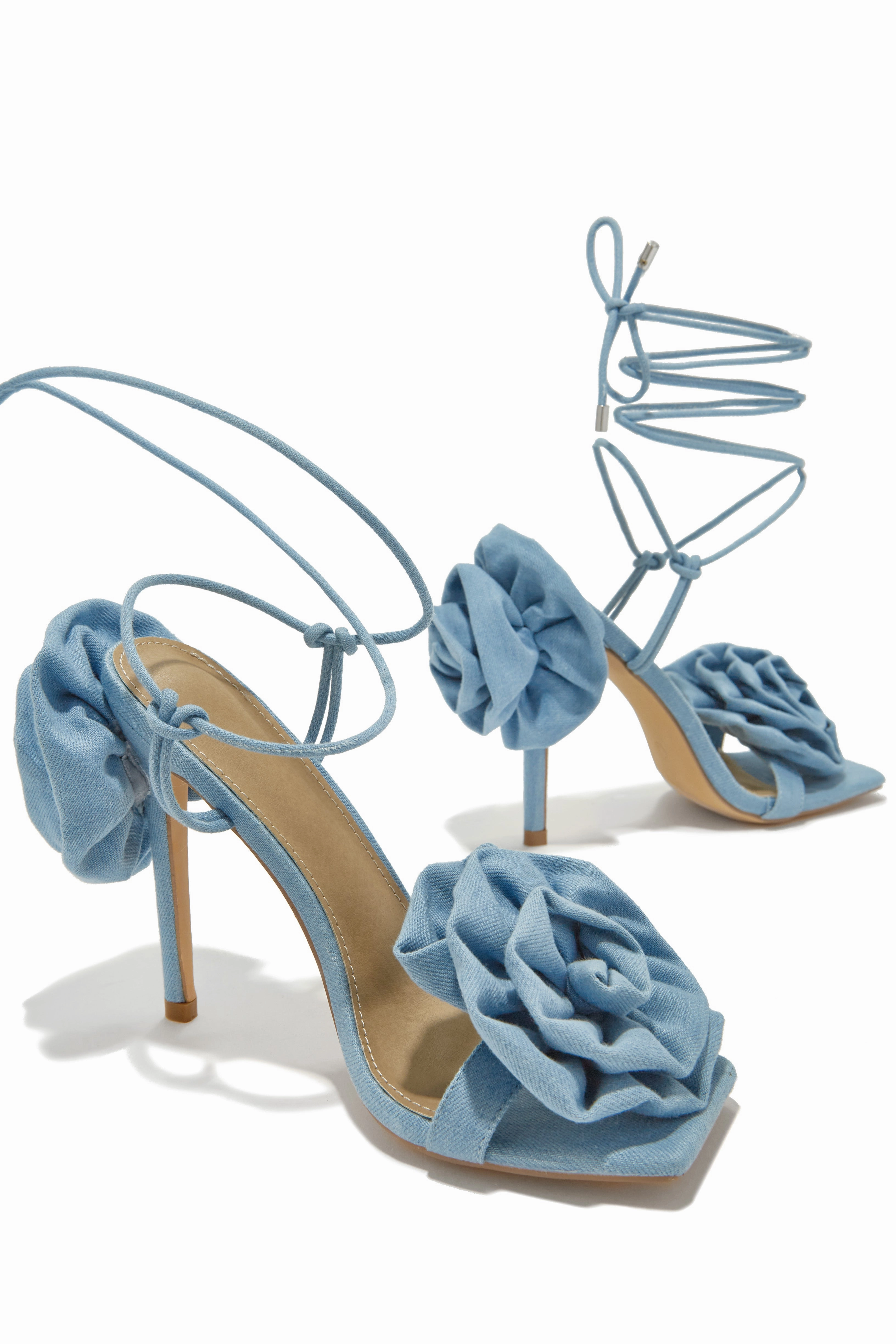 Divine Bloom Rosette Lace Up Heels - Denim