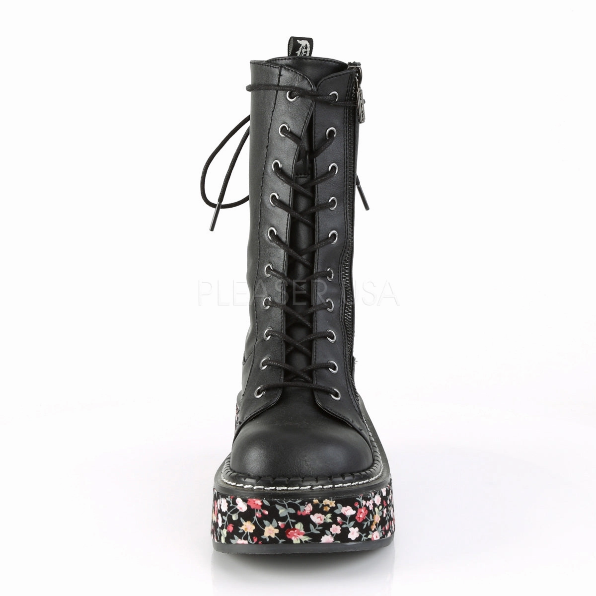 EMILY-350  Black Vegan Leather-Floral Fabric