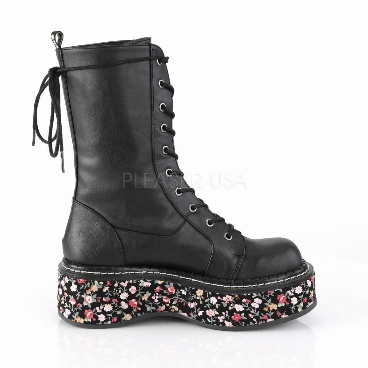 EMILY-350  Black Vegan Leather-Floral Fabric