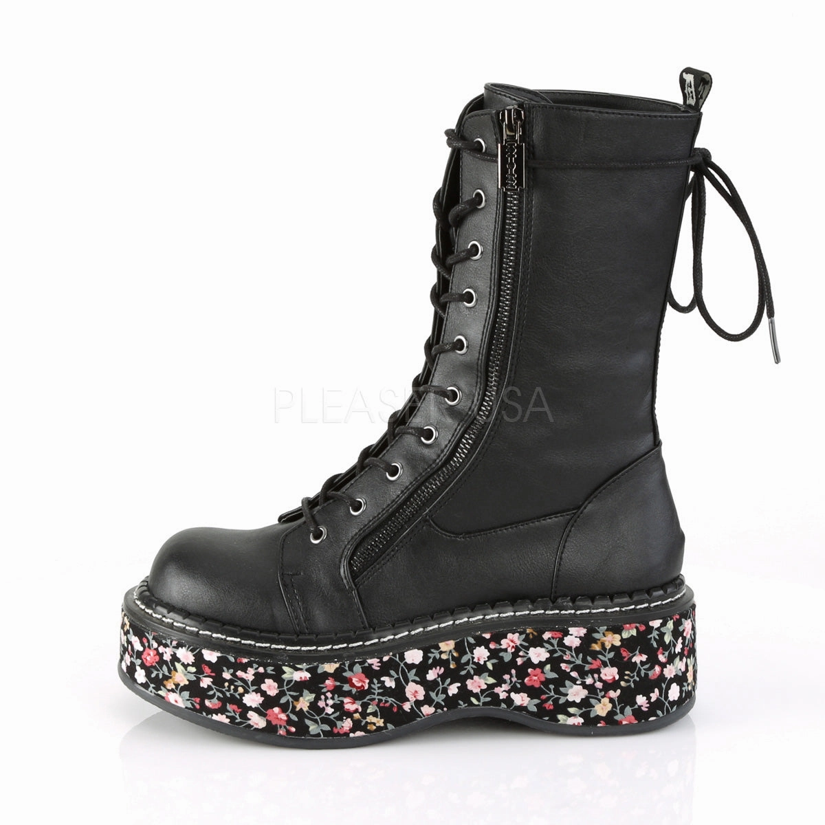 EMILY-350  Black Vegan Leather-Floral Fabric