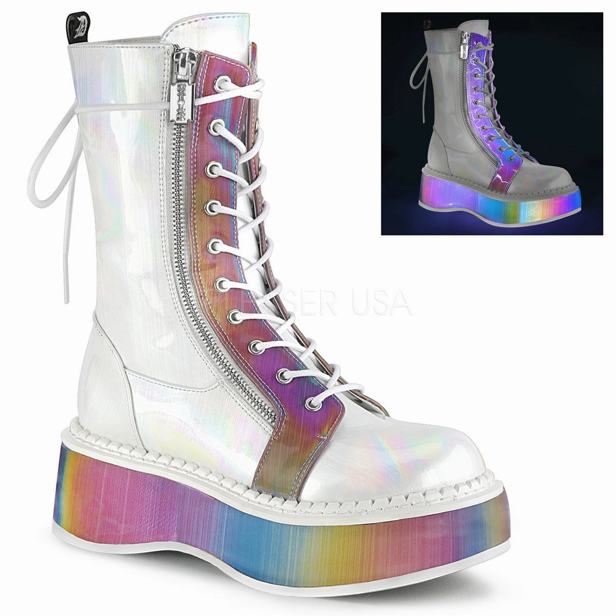 EMILY-350  White Brushed Hologram Vegan Leather-Rainbow Reflective