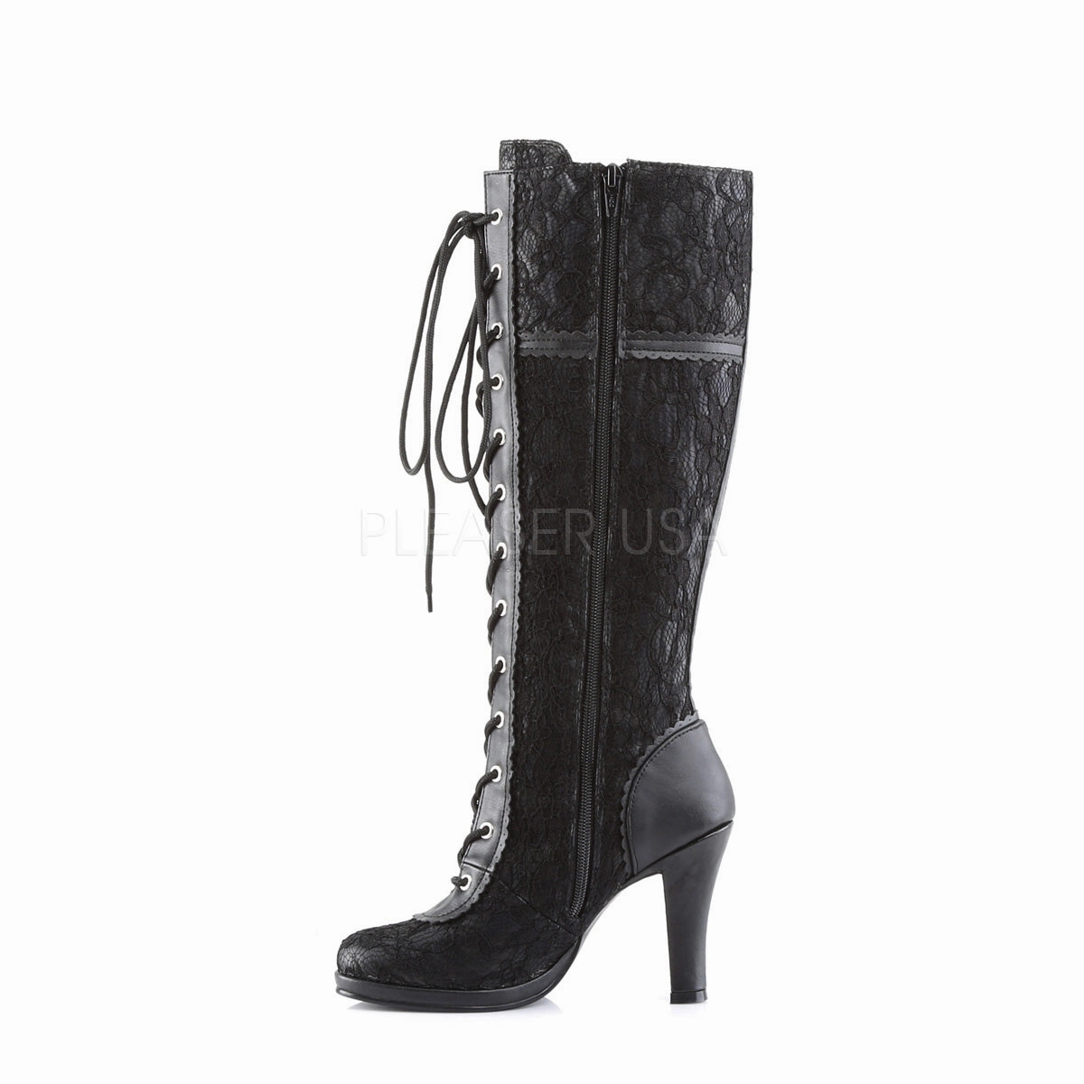 GLAM-240  Black Vegan Leather-Black Lace Overlay