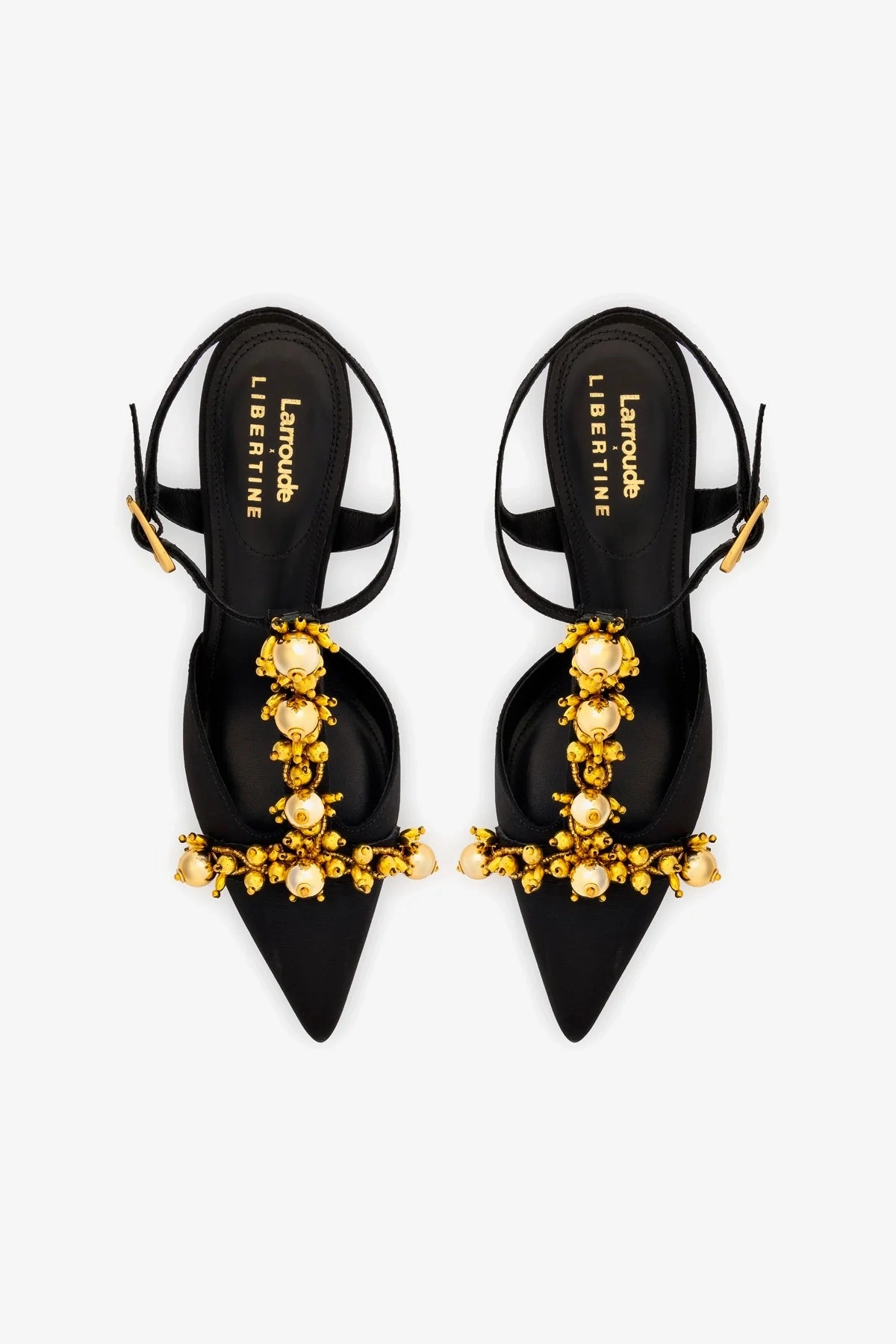 Larroudé x Libertine Pump In Black Fabric and Golden Balls