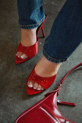 Naiya Open Pointed Toe Mule Heels - Red