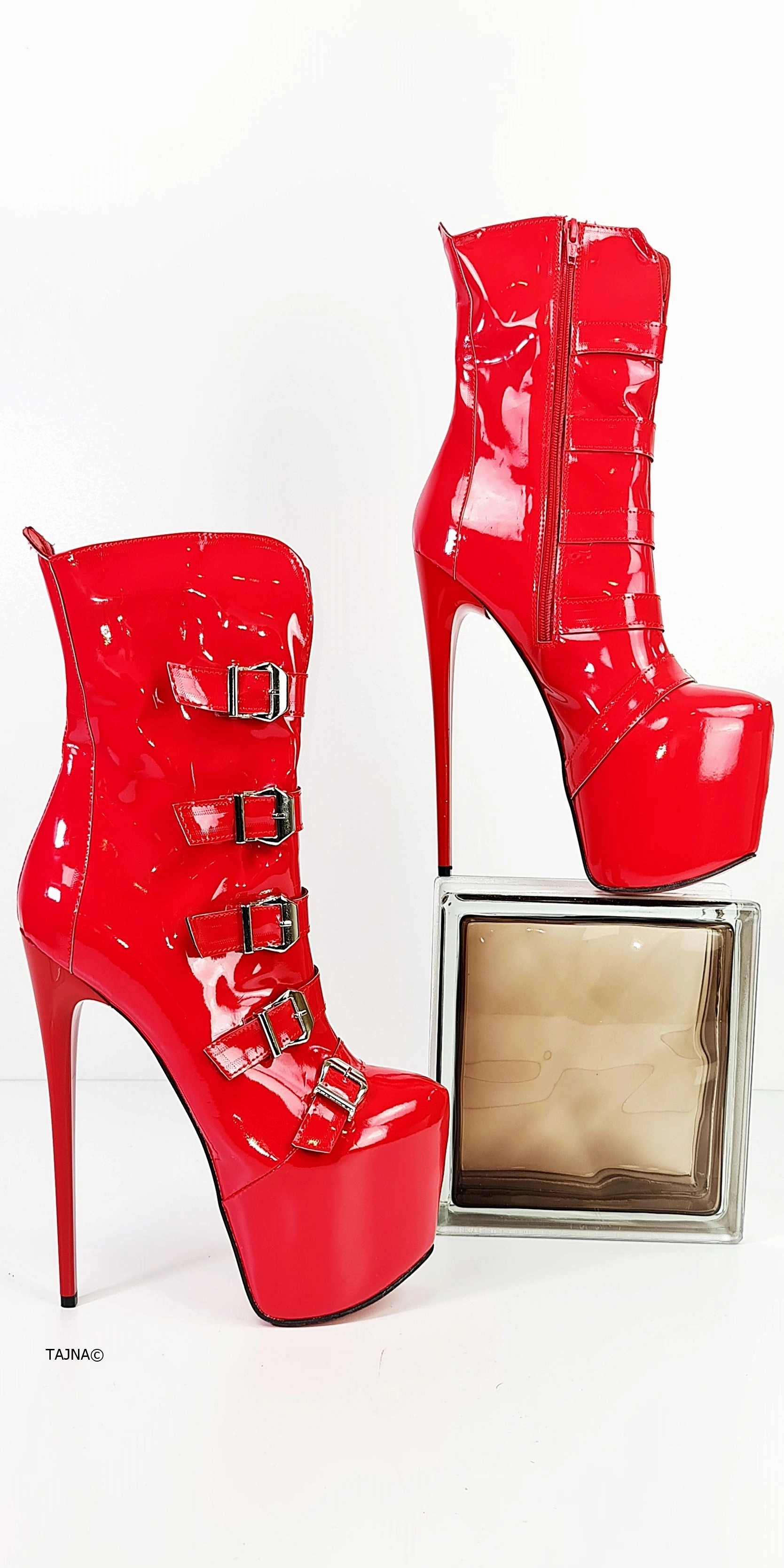 Red Gloss Belted Bondage High Heel Boots
