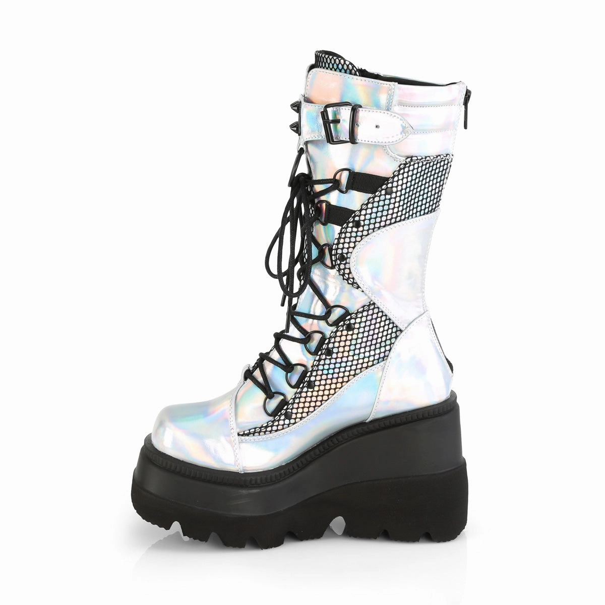 SHAKER-70  Silver Hologram Vegan Leather-Black Fishnet