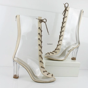 Transparent Lace Up Heel Boots