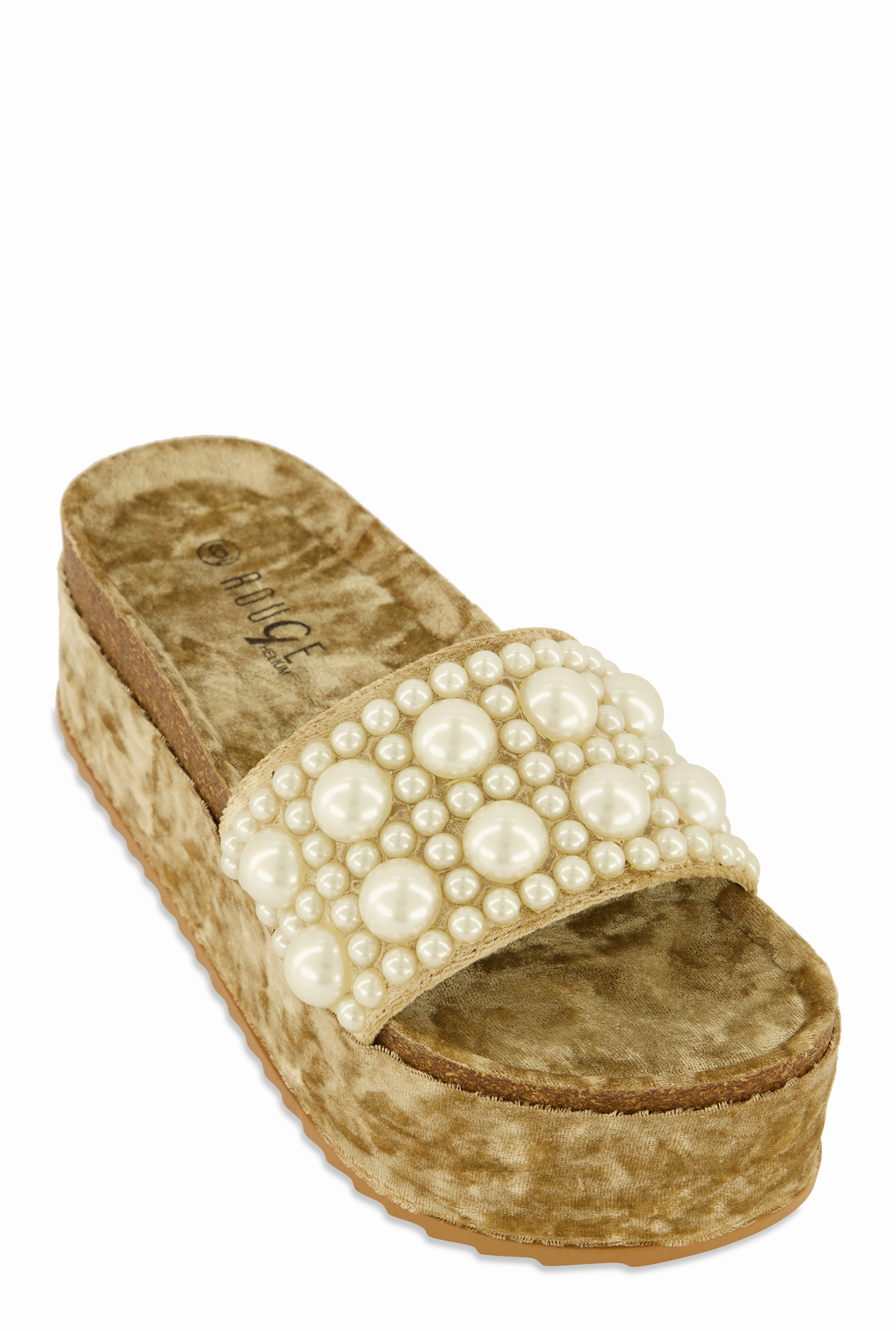 Velvet Faux Pearl Band Platform Slide Sandals
