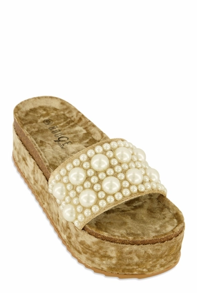 Velvet Faux Pearl Band Platform Slide Sandals