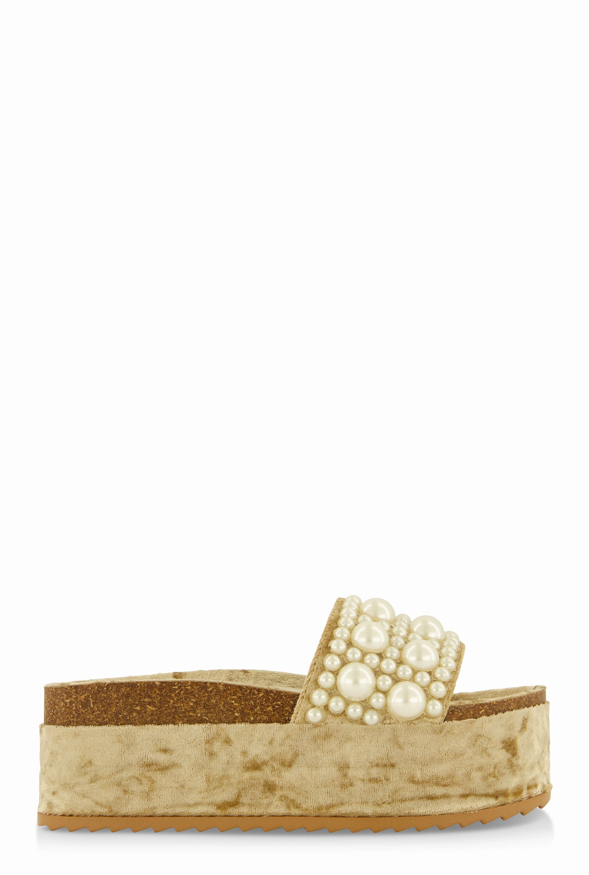 Velvet Faux Pearl Band Platform Slide Sandals