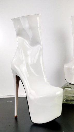 White Patent High Heel Ankle Boots